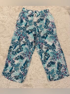 Cynthia Rowley 100% Linen Wide Leg Pull-On Pants Large Tropical Floral Resort